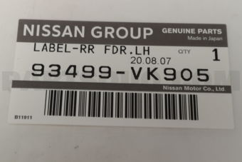 93499VK905 LABEL-NAME,REAR FENDER LH