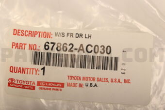 67862AC030 Toyota WEATHERSTRIP, FRONT DOOR, LH