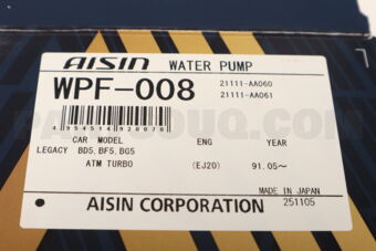 AISIN WPF008 WATER PUMP 21111-AA065,X2111-AA042 EJ20 SUB IMPREZA 200002-200307 AISIN