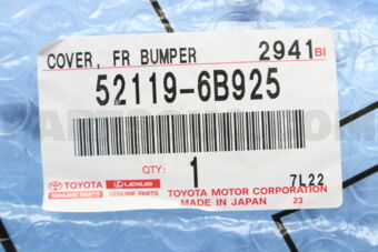 Toyota 521196B925 COVER, FRONT BUMPER