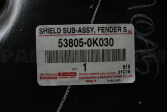 Toyota 538050K030 SHIELD SUB-ASSY, FRONT FENDER SPLASH, RH