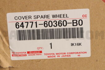 Toyota 6477160360B0 COVER, SPARE WHEEL