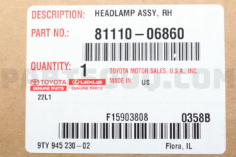 Toyota 8111006860 HEADLAMP ASSY, RH
