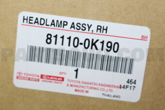 Toyota 811100K190 HEADLAMP ASSY, RH