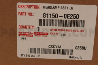 Toyota 811500E250 HEADLAMP ASSY, LH