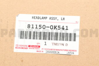 Toyota 811500K541 HEADLAMP ASSY, LH