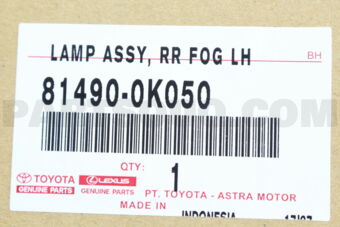 Toyota 814900K050 LAMP ASSY, RR FOG